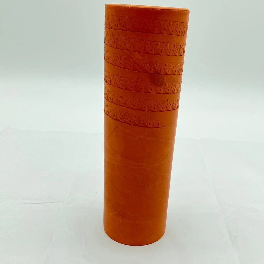 Terracotta Cylinder Vase 9.5in Orange Hand Carved Geometric Pattern
